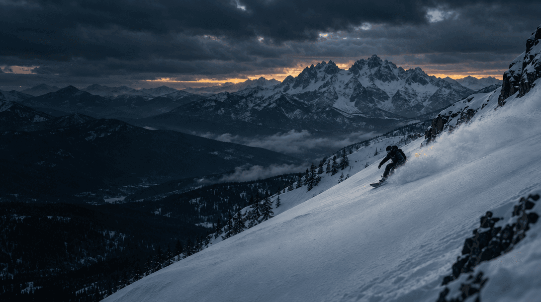 Snowboarder carving across a steep alpine face through fresh powder
