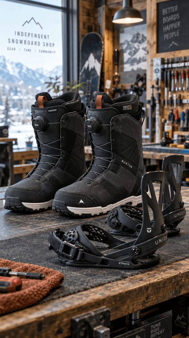 Snowboard boots and bindings on a shop bench