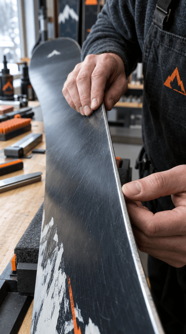 Shop hands checking the edge of a used snowboard