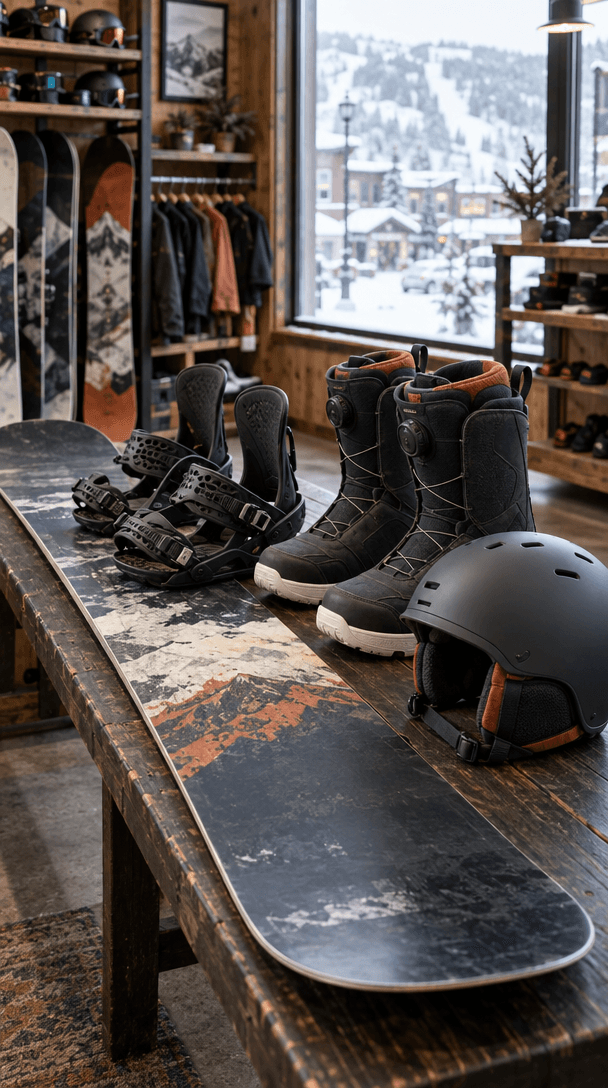Snowboard, bindings and boots arranged in an independent shop